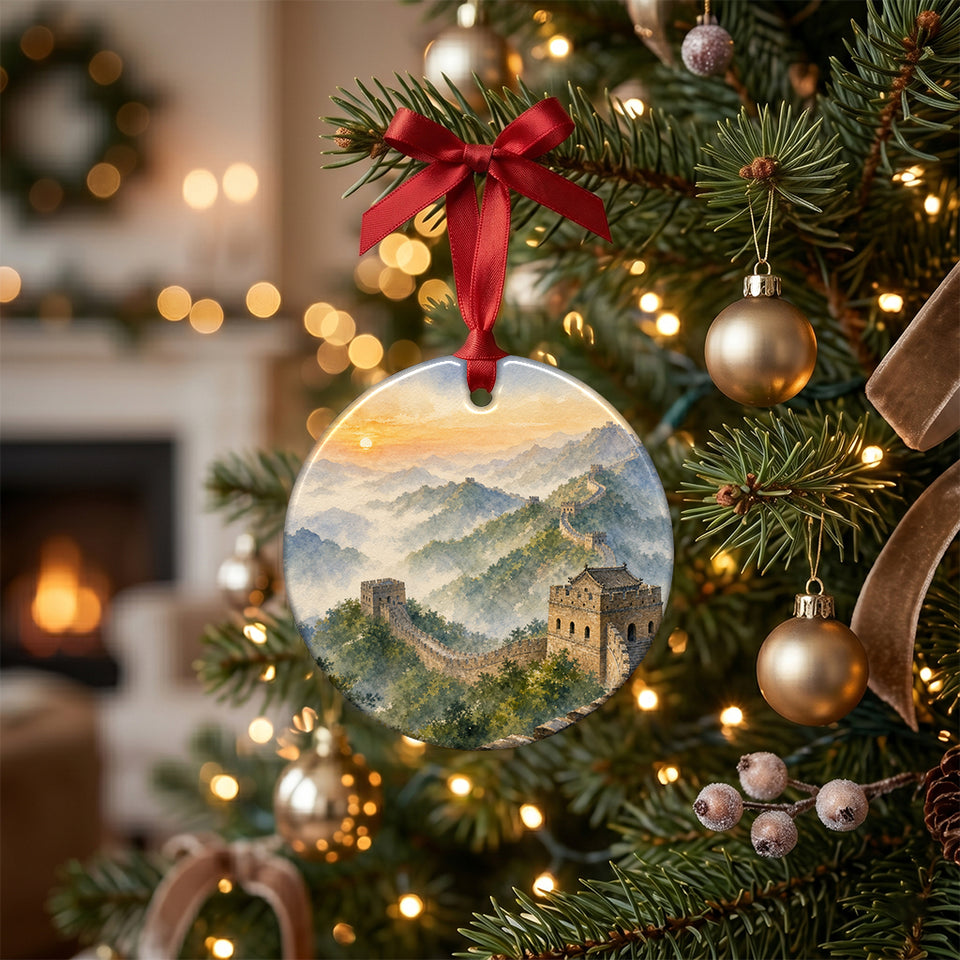 Ceramic holiday keepsake featuring the Great Wall hanging on an illuminated Christmas tree branch.