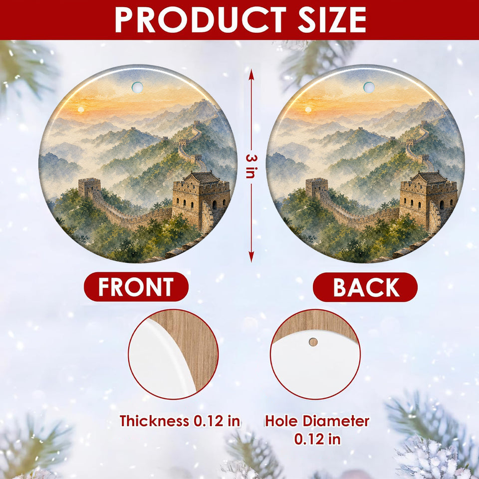 A clear size chart illustrating the 3-inch diameter and double-sided print of the ceramic ornament.