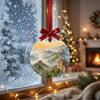 Watercolor wall illustration ornament suspended by a frosted winter window in soft daylight.
