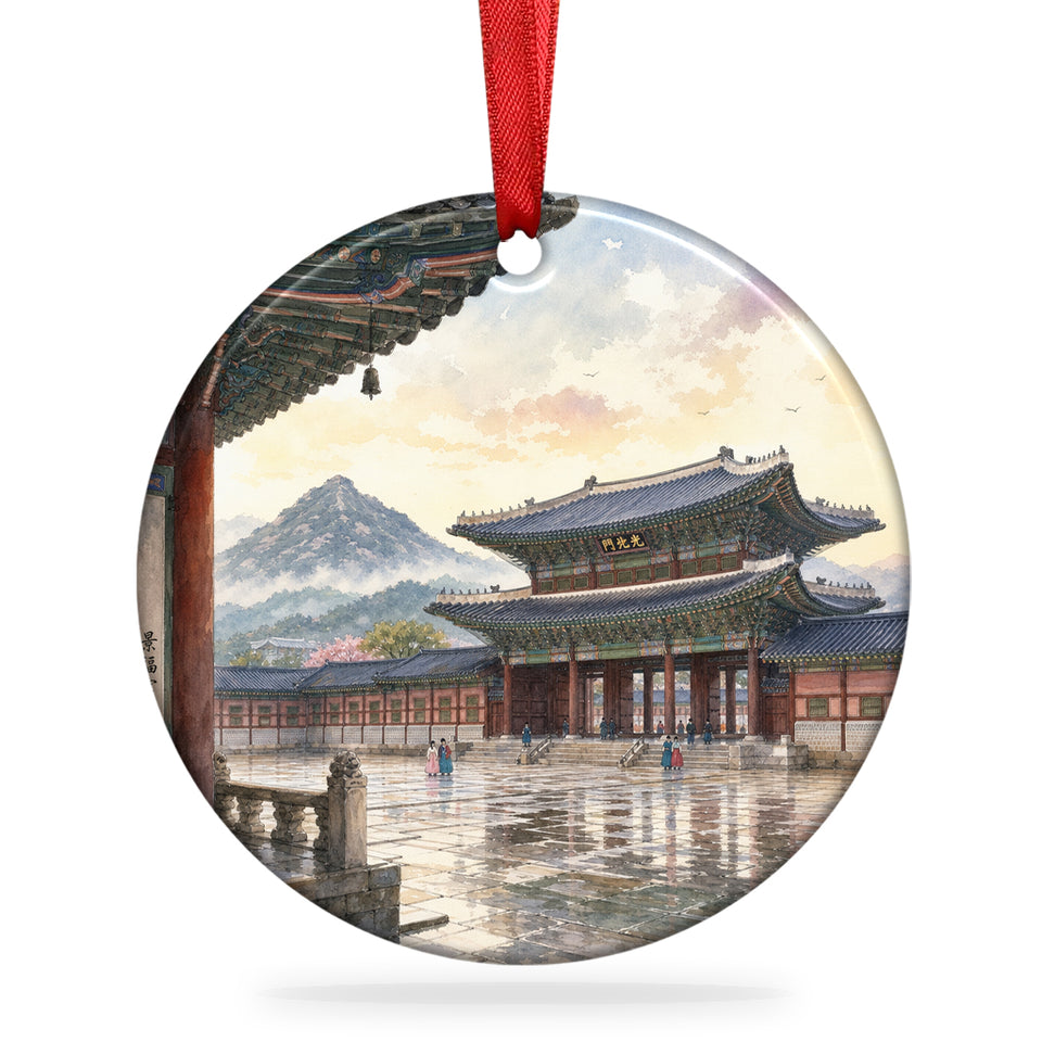 Gyeongbokgung Palace Christmas ornament centered on a crisp white background with hanging ribbon attached.