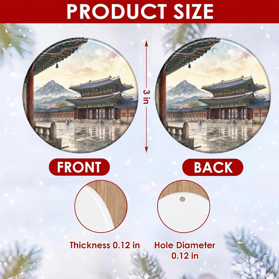 Detailed size chart showing the 3-inch round dimensions and double-sided print of the ceramic ornament.