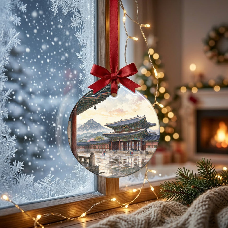 Korean palace holiday decoration catching natural morning daylight in front of a frosty winter window.