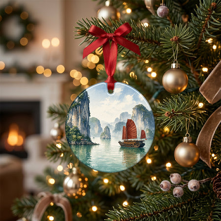Round ceramic keepsake arranged on a table next to a rustic pinecone and a glowing holiday candle.