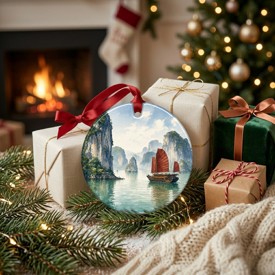 Holiday ornament resting warmly beside wrapped festive gifts near the soft glow of a winter fireplace.