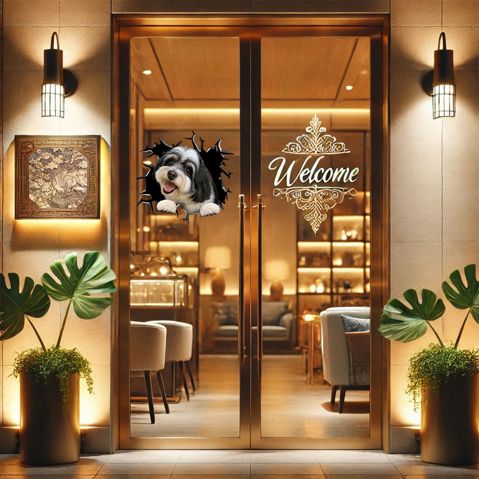 Cute long-haired pup decal applied on a glass front door entry.