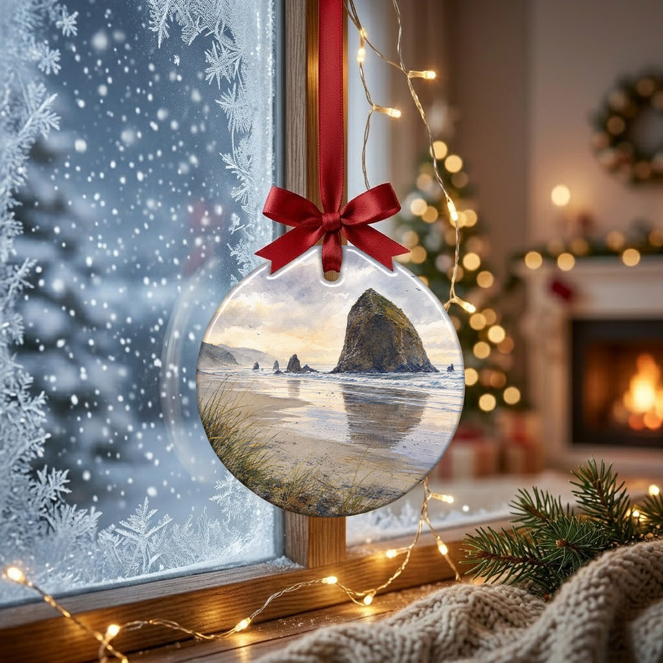 Atmospheric Cannon Beach holiday decoration suspended in front of a bright snowy window.