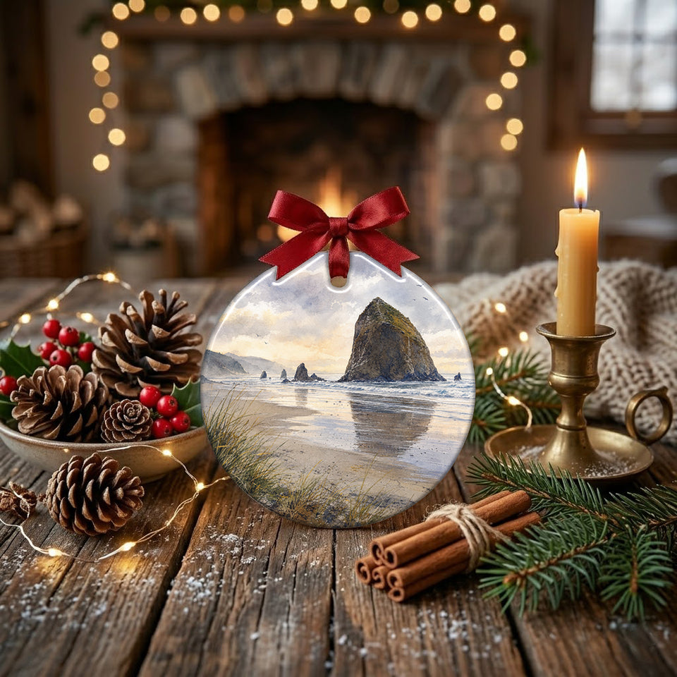 Pacific Northwest souvenir positioned on a rustic table alongside pinecones and holiday accents.
