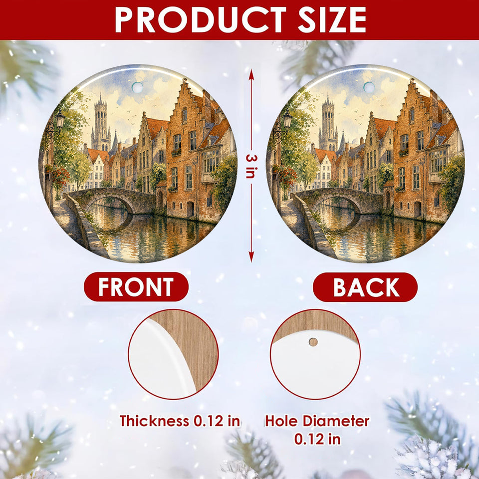 Product size chart diagram showing 3-inch dimensions and double-sided print for the Bruges ornament.