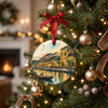 Colorful Vietnam lantern illustration ornament hanging from a branch on a lit Christmas tree.