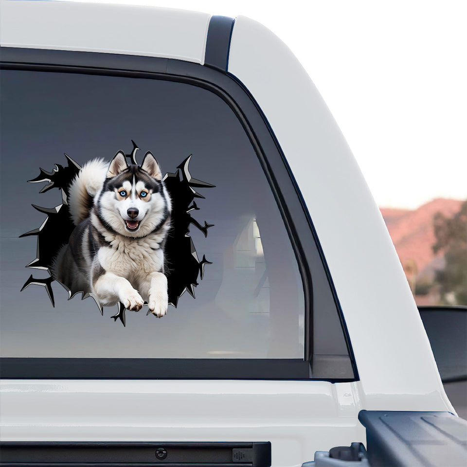 Detailed Husky vinyl sticker showcased on the back window of a truck.