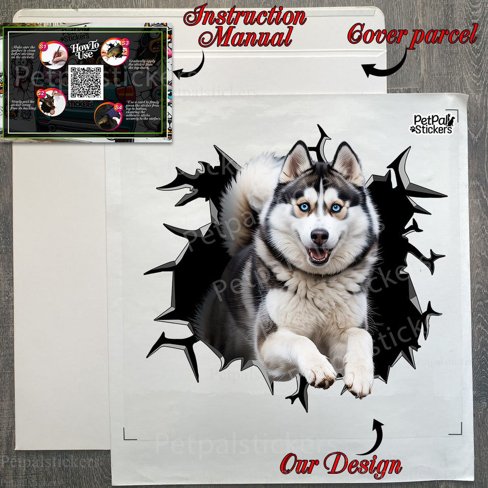 Securely sealed package containing the Husky car decal and application guide.