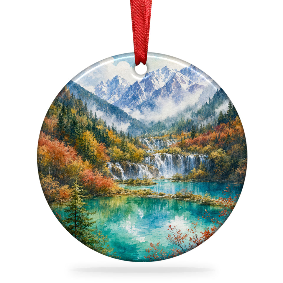 Jiuzhaigou Valley Christmas ornament with tiered waterfalls centered on a clean white background.