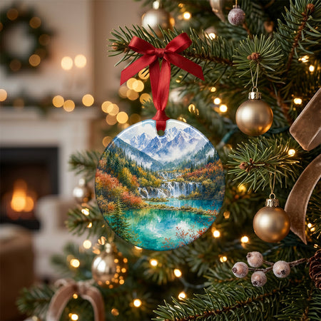 Decorative ceramic holiday ornament styled on a rustic table beside natural pinecones and a warm candle.