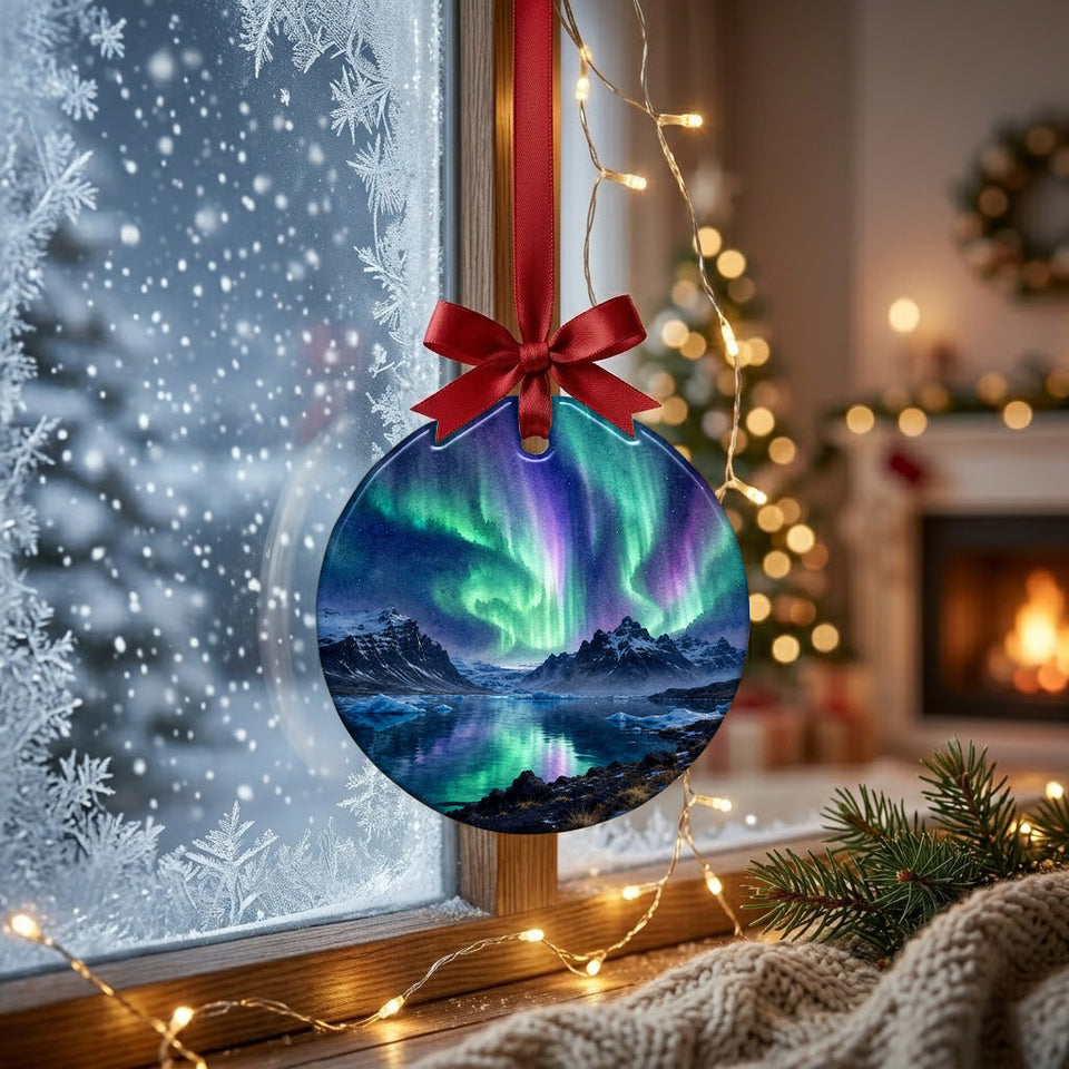 Aurora lagoon keepsake hung in front of a frosty winter window catching gentle morning light.