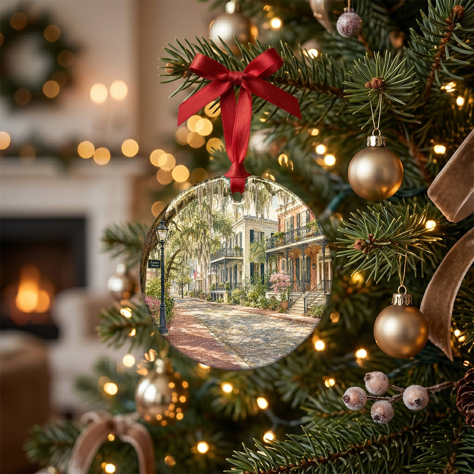 Holiday decoration of Savannah's historic Jones Street hanging delicately from a lit green Christmas tree.