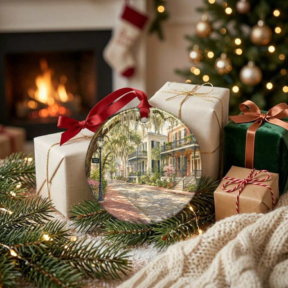 Festive Savannah ceramic ornament arranged neatly beside wrapped holiday gifts near a warm glowing fireplace.
