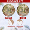 Product size chart diagram highlighting the 3-inch circular dimensions and double-sided print of the ornament.