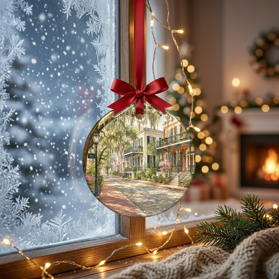 Ceramic Jones Street travel keepsake ornament hanging gracefully beside a chilly frosty window in soft daylight.