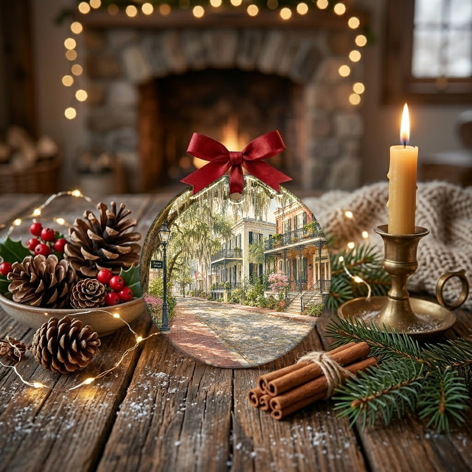 Savannah holiday ornament resting on a rustic tabletop surrounded by winter pinecones and candlelight.