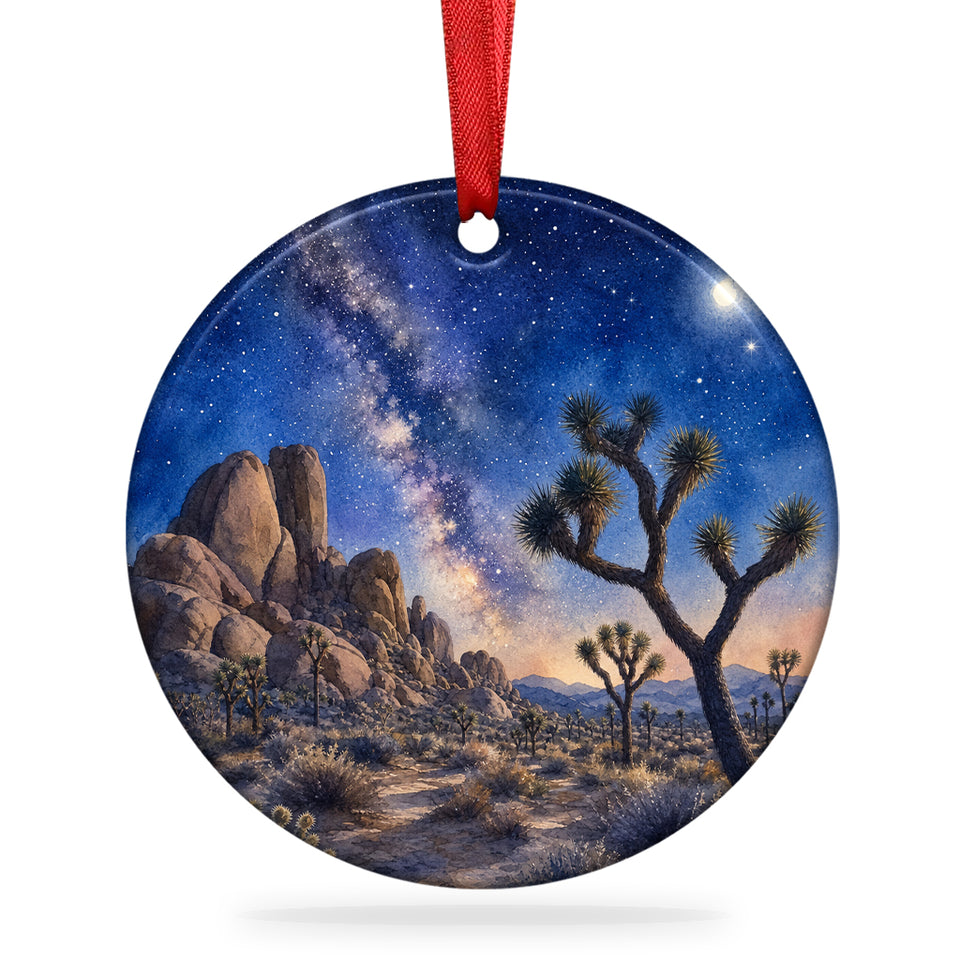 Joshua Tree National Park ceramic ornament shown against a plain white background with hanging ribbon.