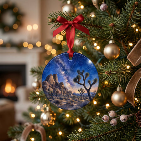 Ceramic travel keepsake styled on a rustic tabletop alongside natural pinecones and festive candlelight.