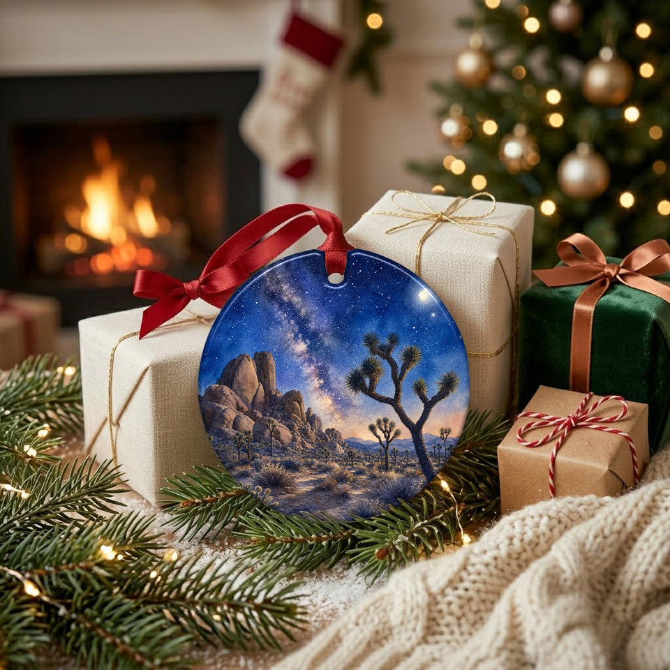 Round ceramic holiday decoration resting near festive wrapped gifts beside a warm, glowing fireplace.