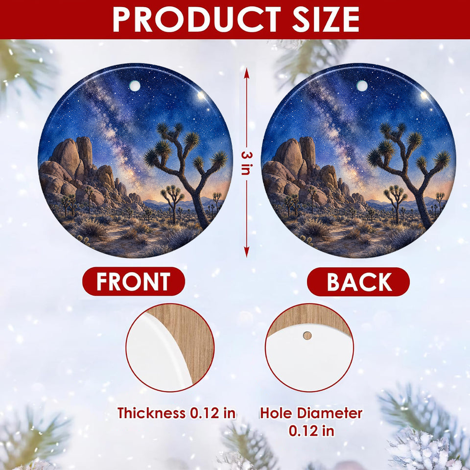 Product size chart showing 3-inch round ceramic ornament dimensions and double-sided print layout.