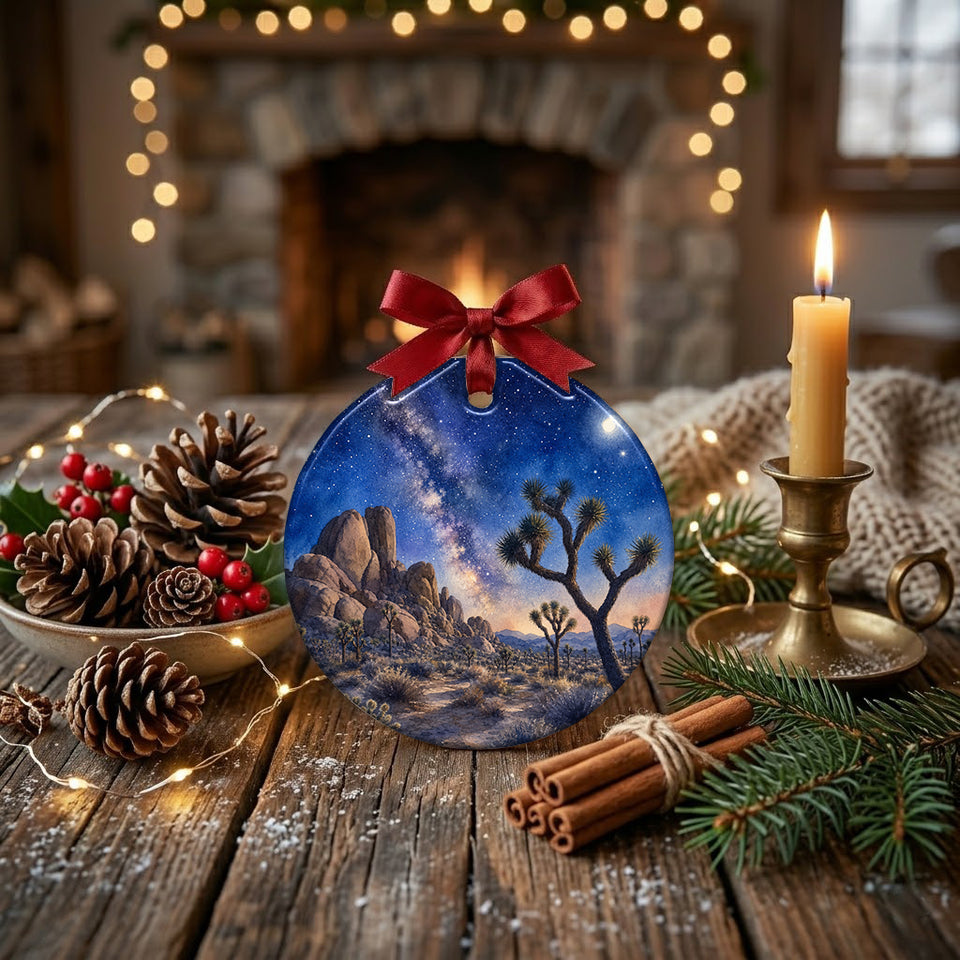 Ceramic travel keepsake styled on a rustic tabletop alongside natural pinecones and festive candlelight.