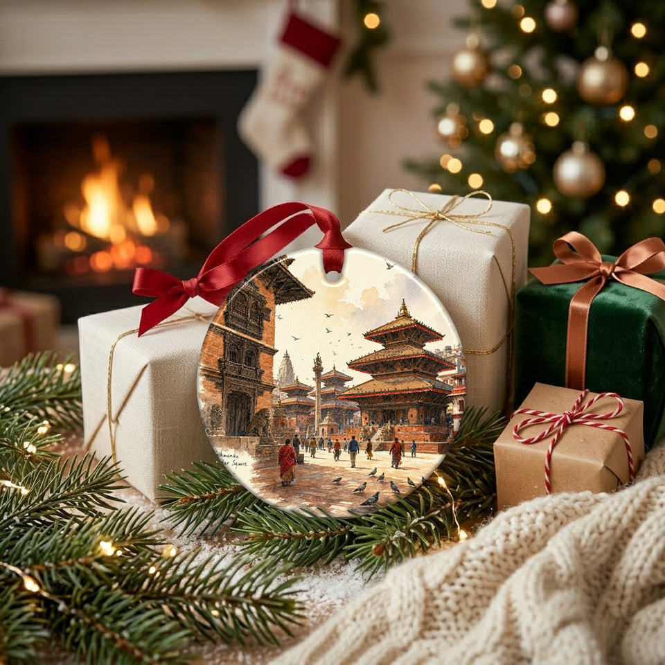 Nepal landmark ornament nestled beside wrapped holiday gifts in front of a warm fireplace.