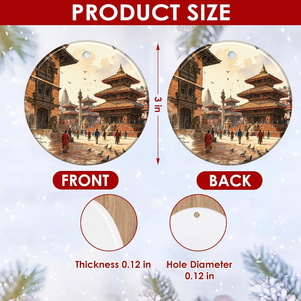 Product size chart illustrating the 3-inch ceramic ornament dimensions with double-sided print.