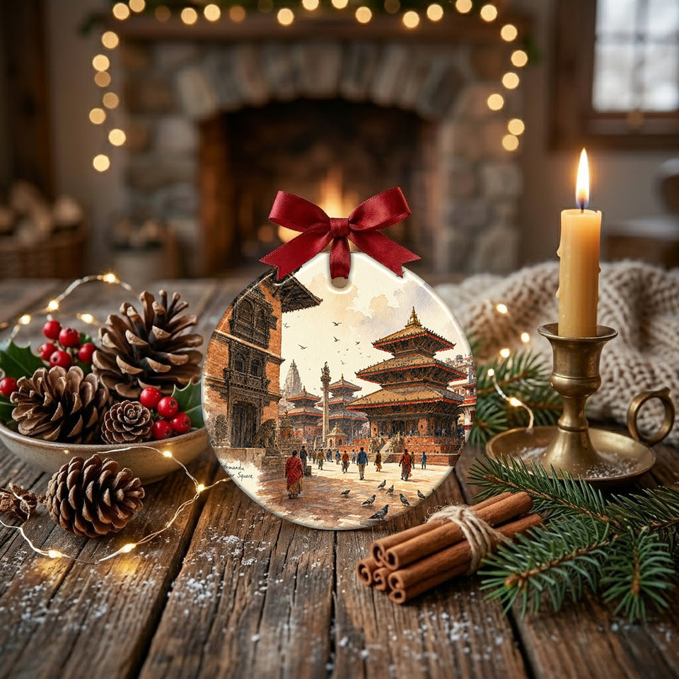 Durbar Square travel keepsake styled on a tabletop surrounded by pinecones and a candle.