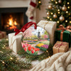 Round ceramic Netherlands ornament arranged beside wrapped holiday gifts near a glowing fireplace.