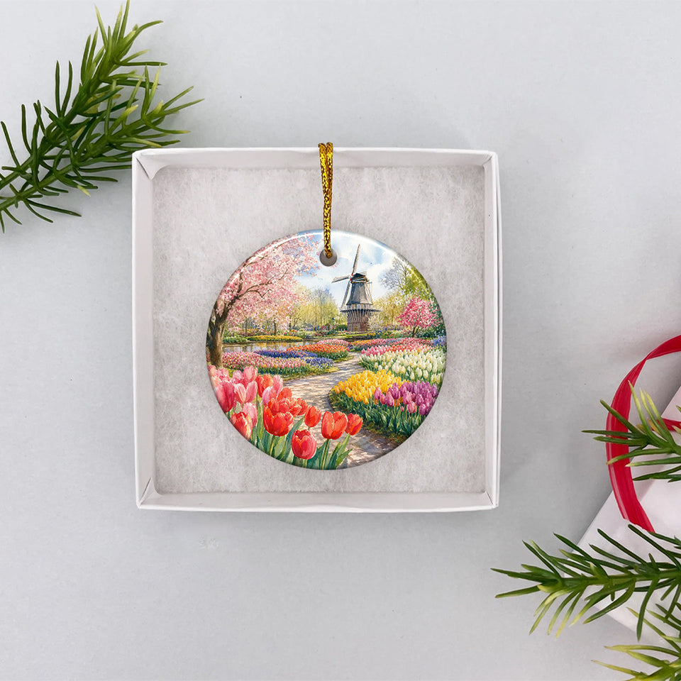 Keukenhof floral ceramic souvenir resting safely inside an open white gift box ready for gifting.