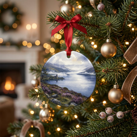 Holiday ceramic ornament styled on a rustic table with decorative pinecones and candles.