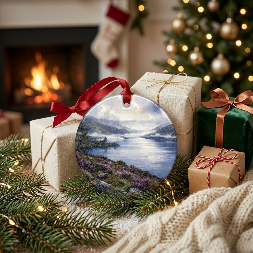 Loch Awe keepsake ornament resting beside wrapped gifts near a cozy winter hearth.