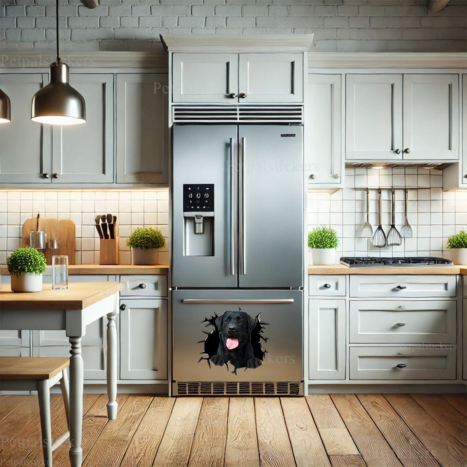 Glossy Labrador vinyl decal sticker brightening up the side of a home refrigerator.