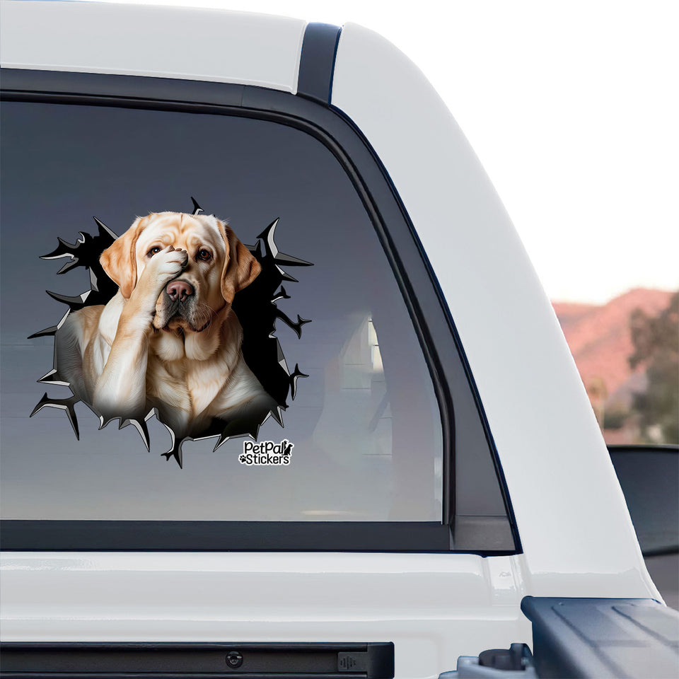 Vibrant Labrador dog window sticker displayed proudly on the back window of a truck.