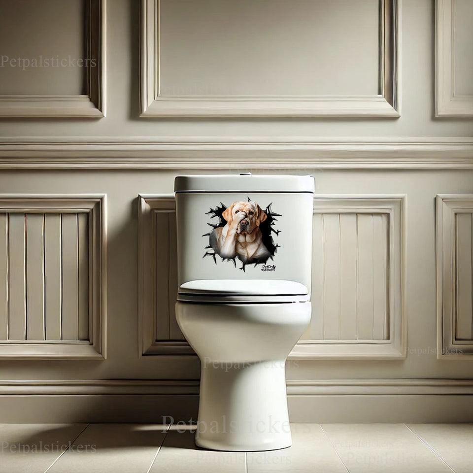 Playful Labrador decal decoration placed on a clean porcelain toilet lid surface.