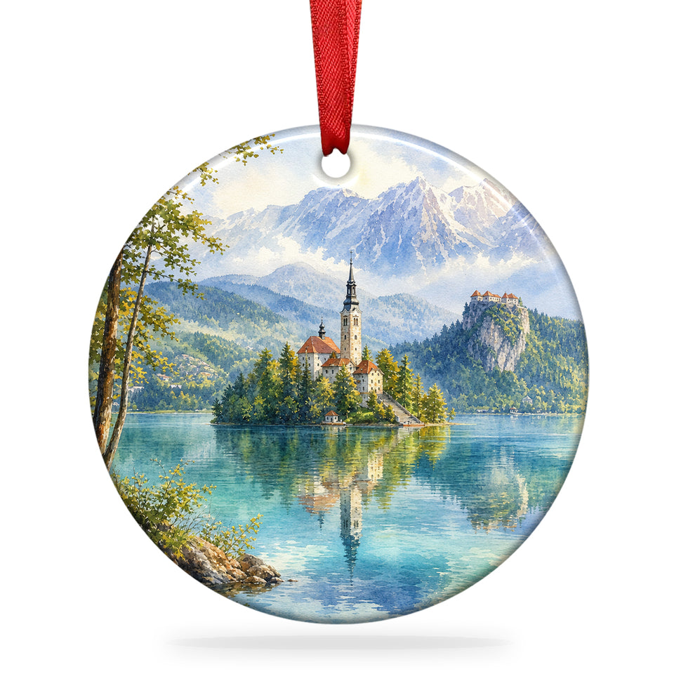 Lake Bled Christmas ornament with hanging ribbon displayed on a clean white background.
