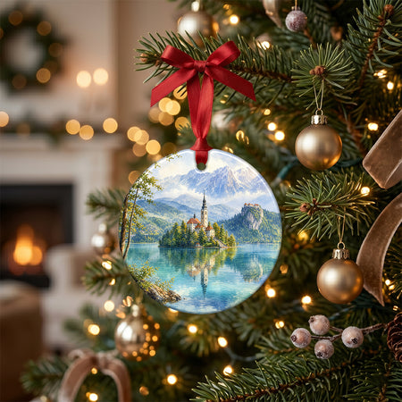 Round holiday keepsake arranged on a rustic table with pinecones and a glowing candle.