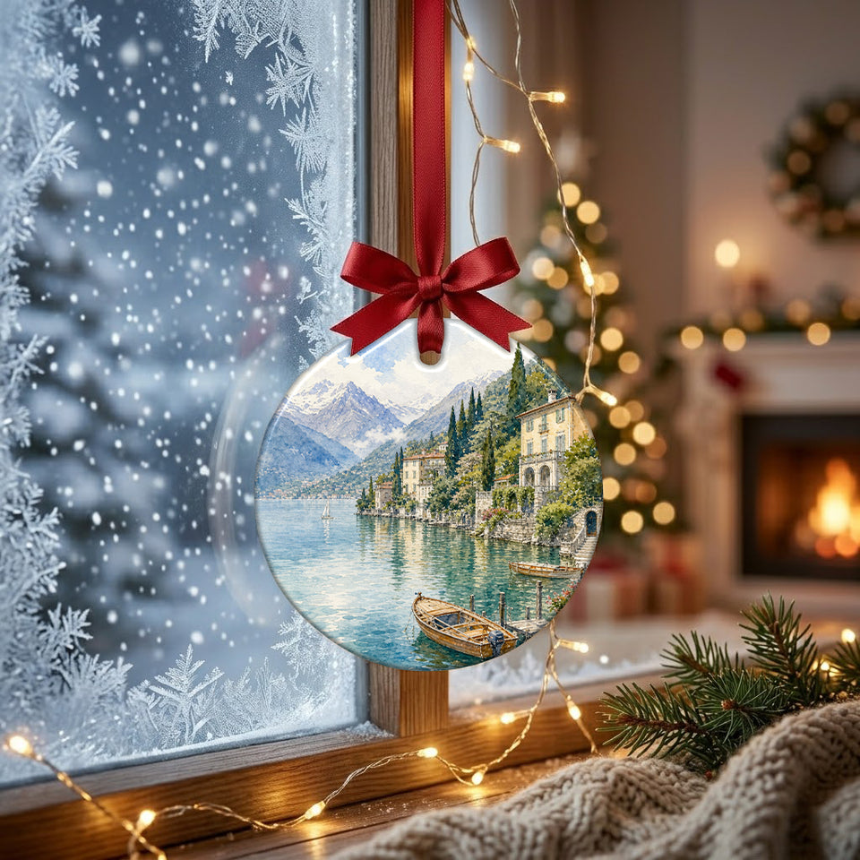 Scenic Lake Como decoration catching soft natural daylight by a frosty winter window.