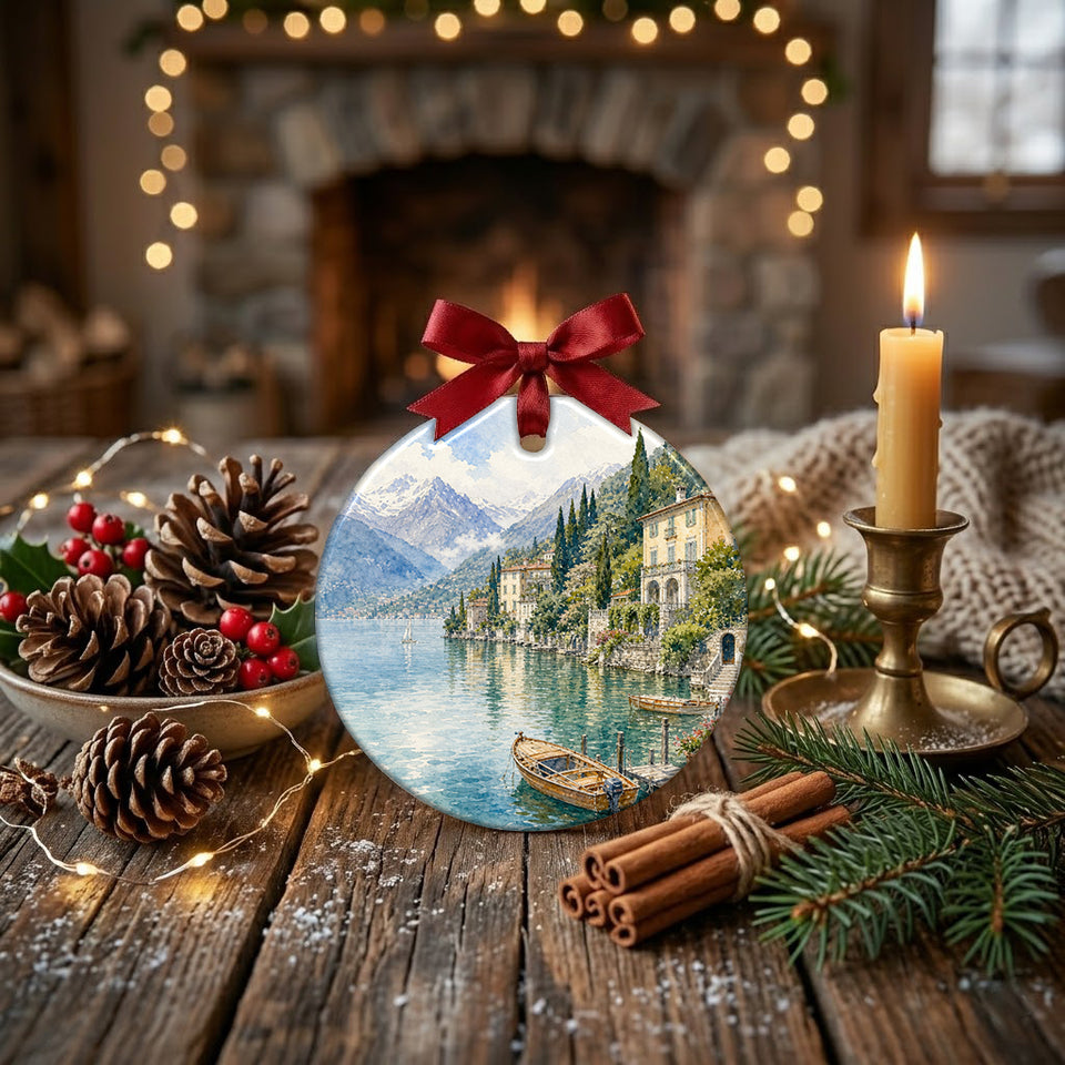 Ceramic holiday keepsake styled on a rustic table surrounded by natural pinecones and candlelight.