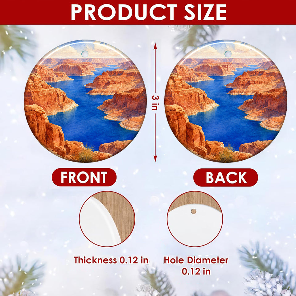 Clear size chart diagram showing the three-inch round dimensions and double-sided print of the ornament.