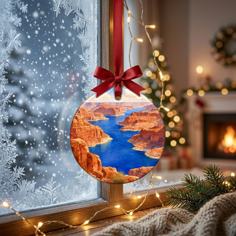 Holiday ceramic ornament hanging peacefully beside a frosty window capturing soft natural morning light.