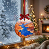 Holiday ceramic ornament hanging peacefully beside a frosty window capturing soft natural morning light.