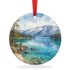Lake Tahoe ceramic ornament displayed on a clean white background with attached hanging ribbon.