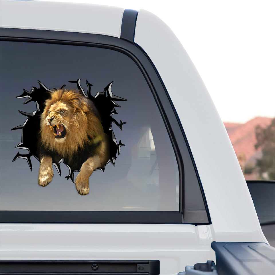 Weatherproof Lion Vinyl window decal proudly displayed on the rear window of a truck.