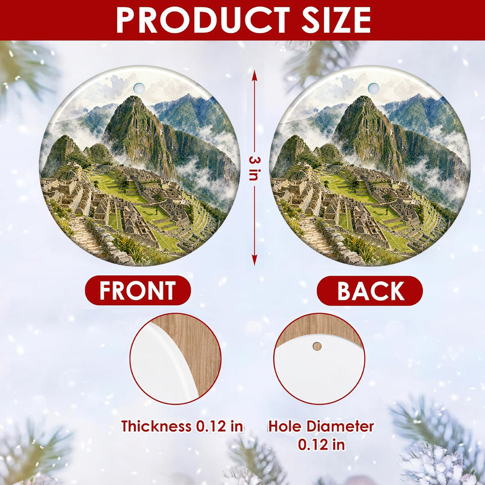 Detailed size chart showing the 3-inch round ceramic dimensions and double-sided print.