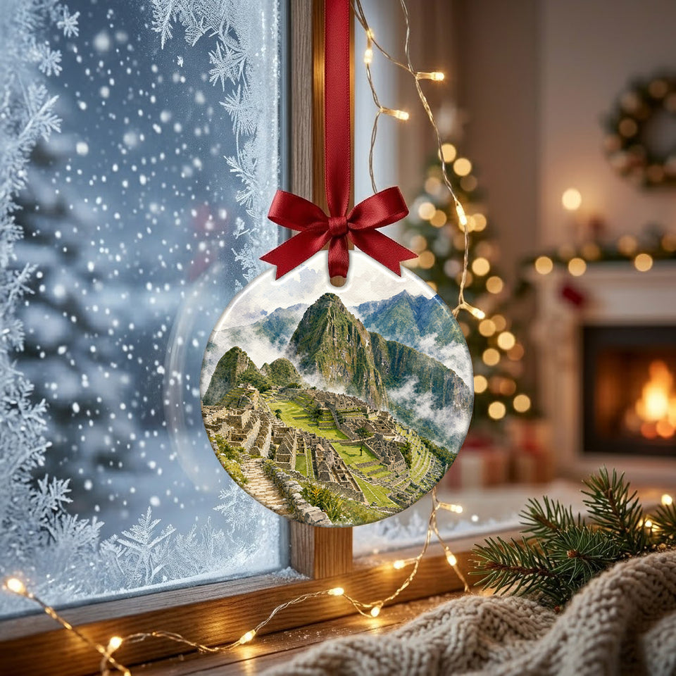 Watercolor Peru travel ornament hanging gracefully in front of a frosted winter window.