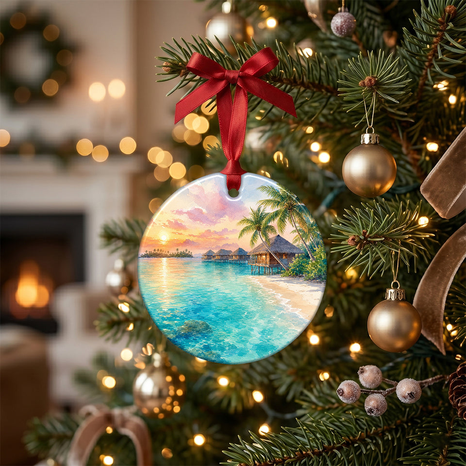 Tropical island holiday decoration hanging from a branch of a lit evergreen Christmas tree.